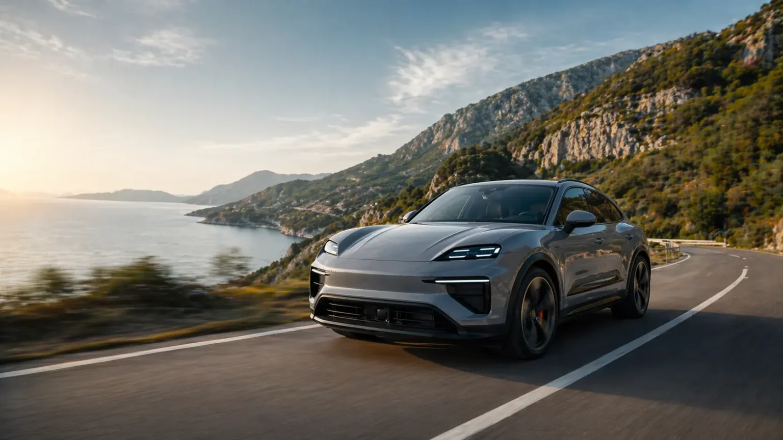 Porsche Electric Cayenne Coupe driving on a coastal road at sunset