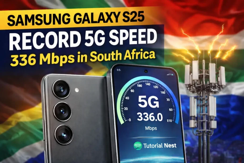 Samsung Galaxy S25 showing 5G speed test reaching 336 Mbps in South Africa with mobile tower and flag background