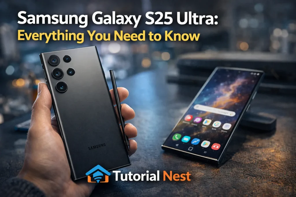 Samsung Galaxy S25 Ultra with S Pen showing premium design and advanced camera system on a modern background