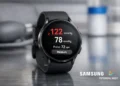 Samsung Galaxy Watch displaying blood pressure monitoring results in a modern health tracking setup