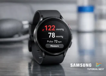 Samsung Galaxy Watch displaying blood pressure monitoring results in a modern health tracking setup