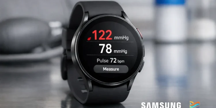 Samsung Galaxy Watch displaying blood pressure monitoring results in a modern health tracking setup
