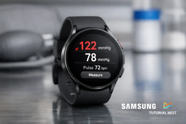Samsung Galaxy Watch displaying blood pressure monitoring results in a modern health tracking setup