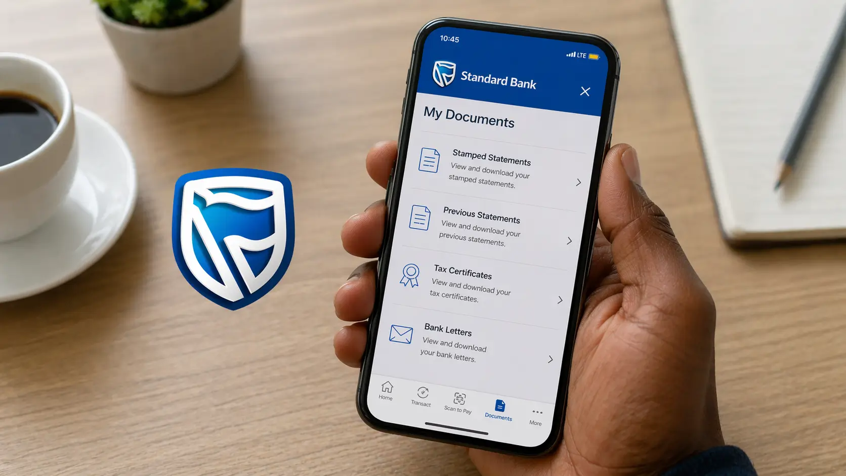 Standard Bank app document access feature with bank logo and smartphone