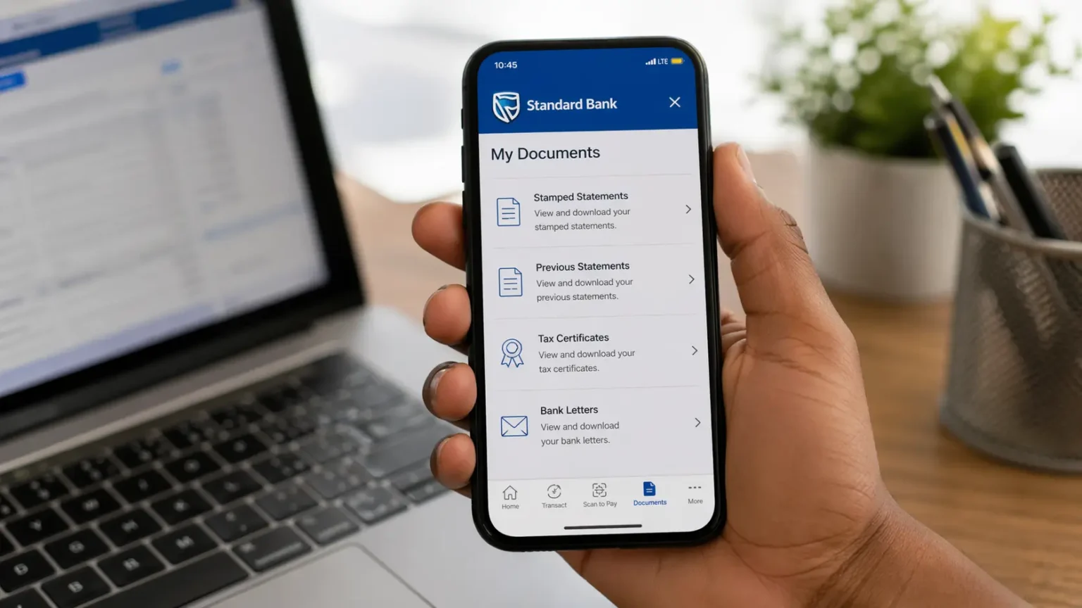 Standard Bank mobile app showing access to stamped statements and tax certificates