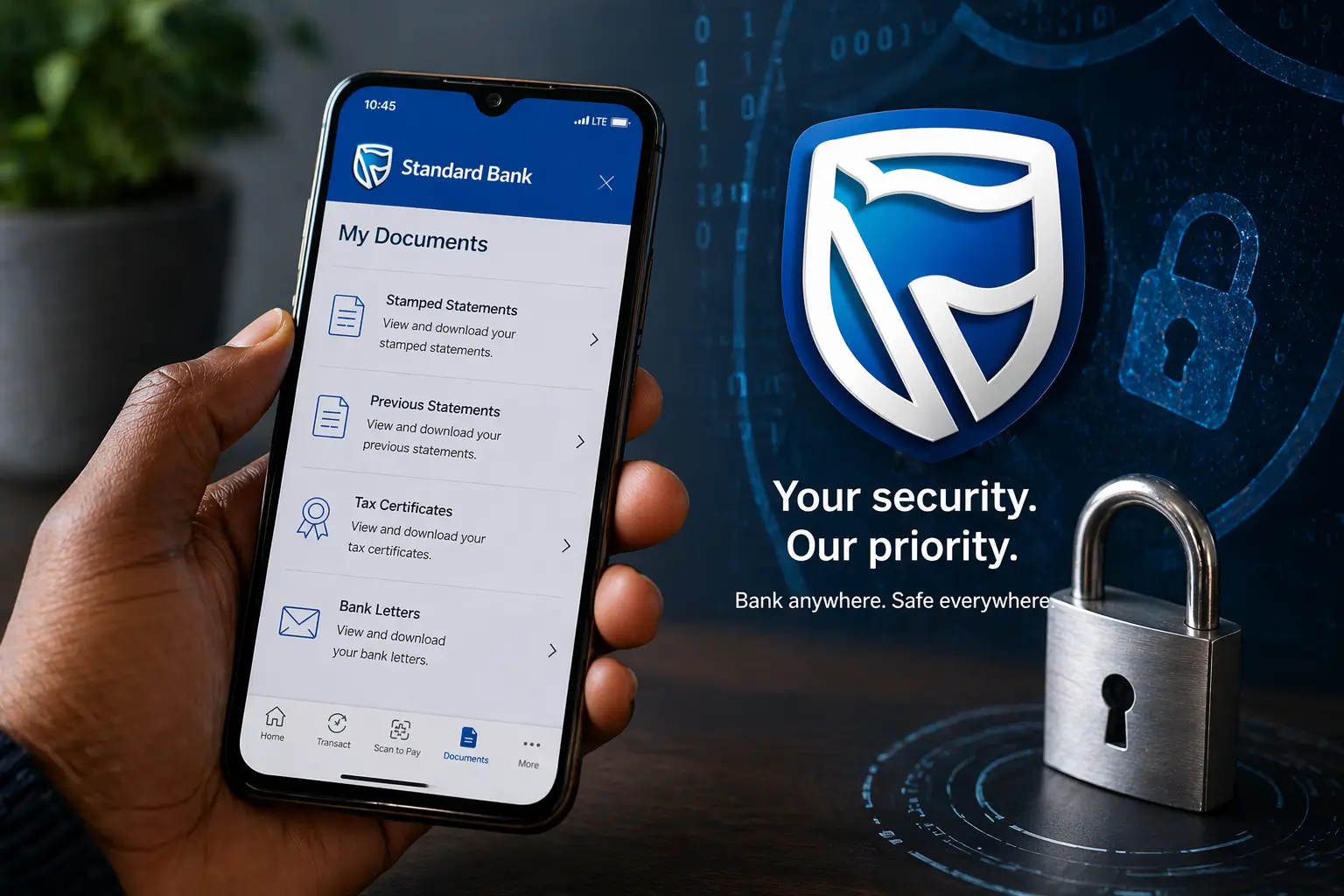 Standard Bank mobile app security concept showing document protection and cybersecurity