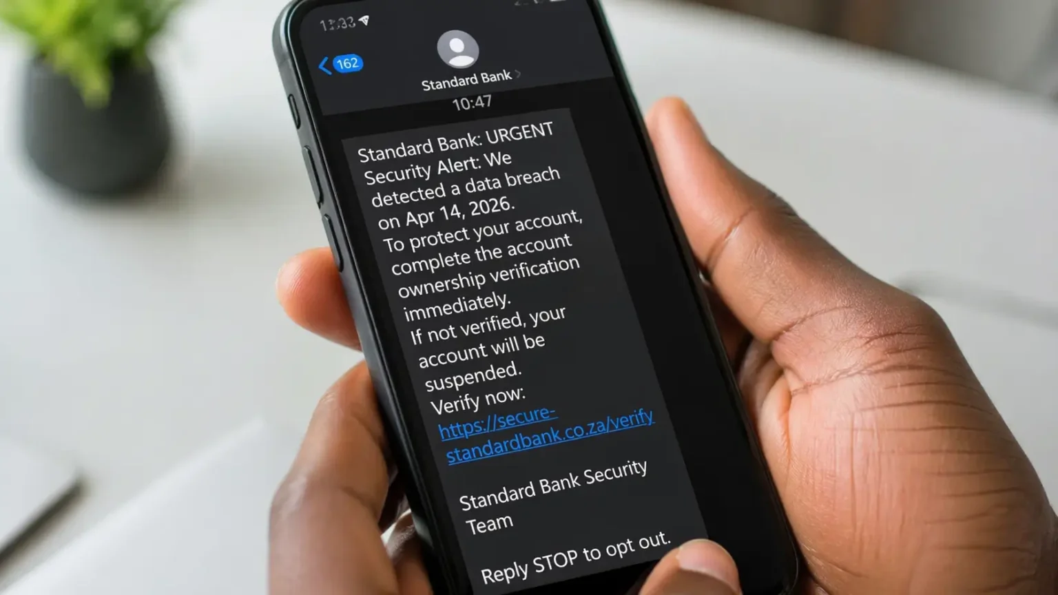 Fake Standard Bank SMS scam message showing data breach alert on smartphone