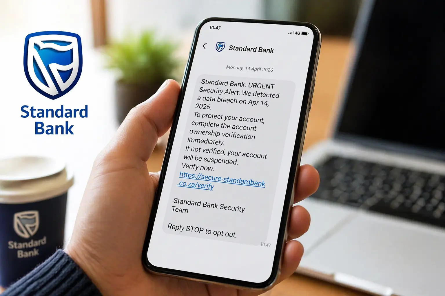 Standard Bank phishing SMS example showing fake data incident message