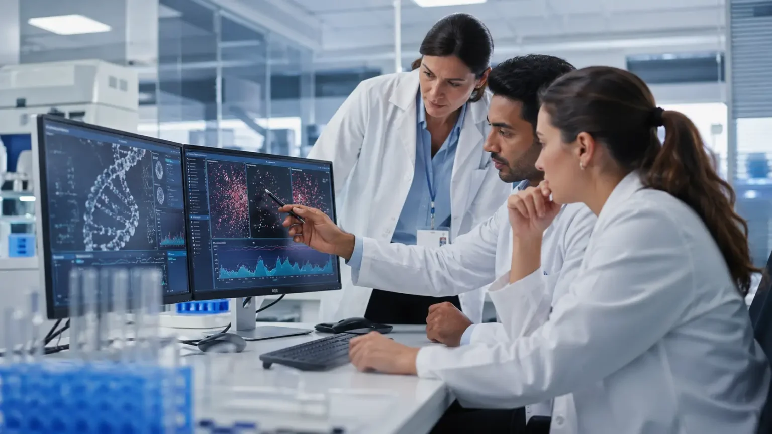 research team analyzing health data in laboratory related to uk biobank data leak