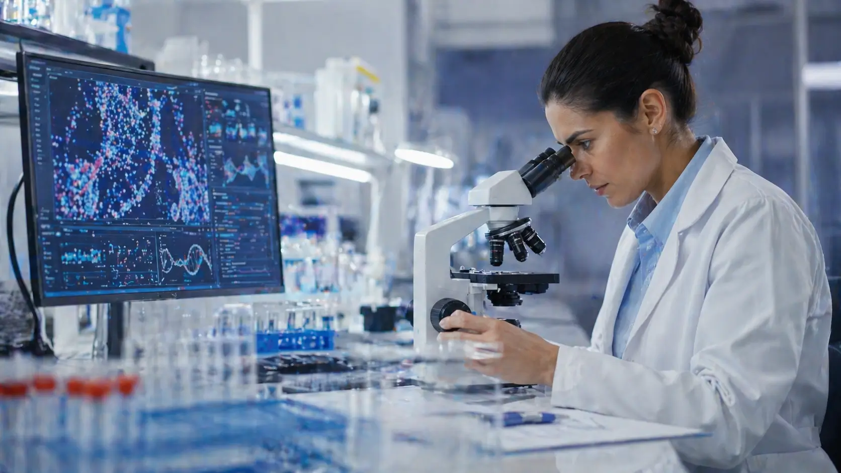 scientist using microscope analyzing samples related to uk biobank data breach