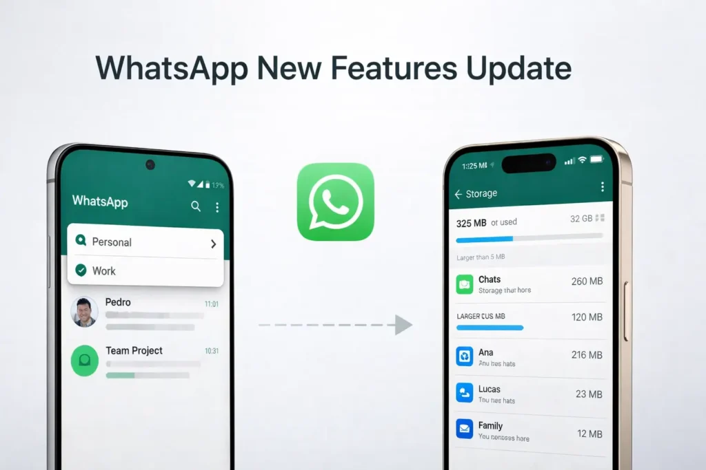 WhatsApp New Features Update showing multi-account support and chat transfer between Android and iPhone
