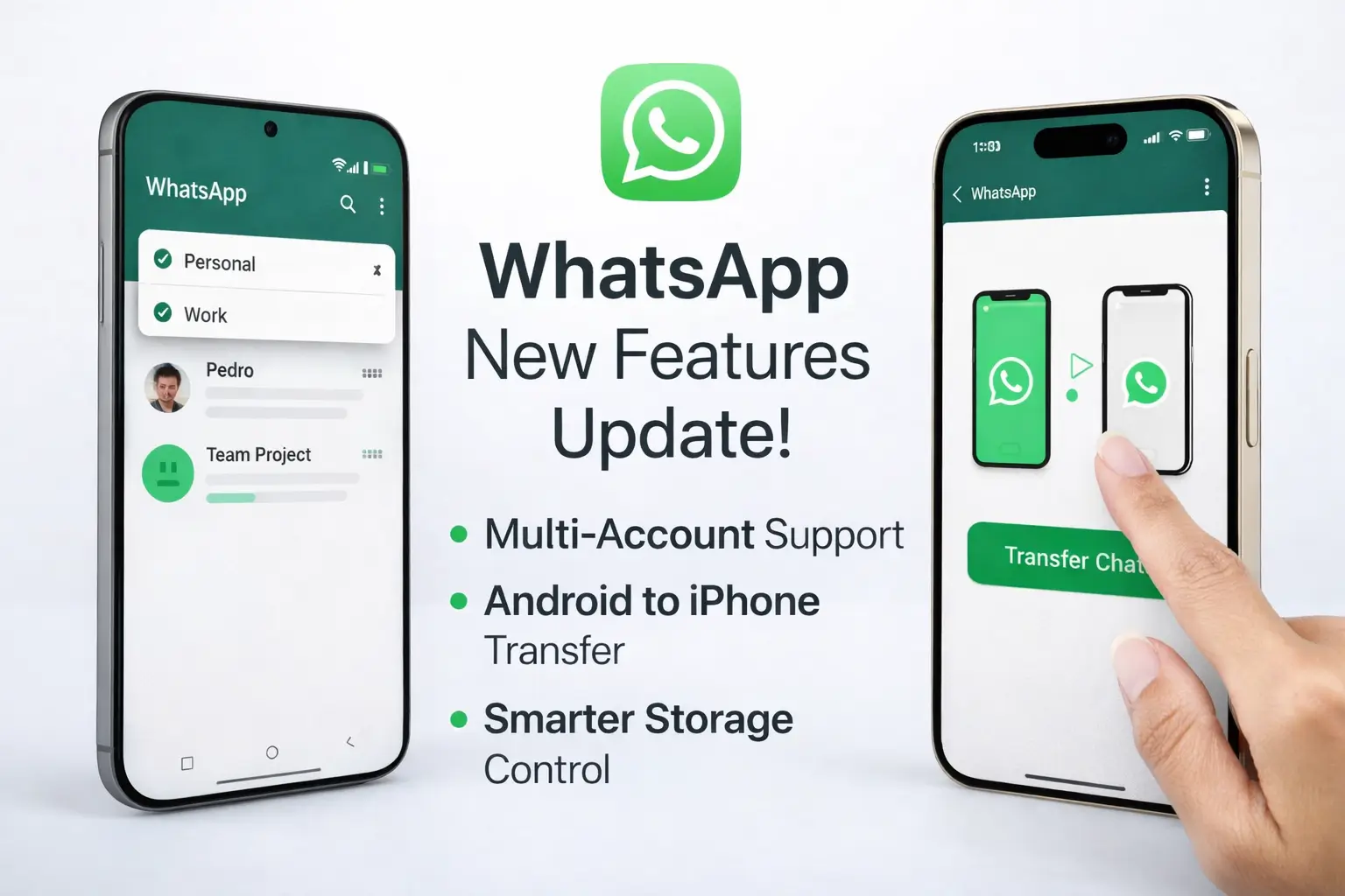 WhatsApp update showcasing multi-account support, Android to iPhone transfer, and storage control features