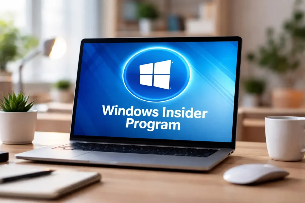 Windows Insider Program update displayed on laptop showing Microsoft testing system changes in a modern workspace
