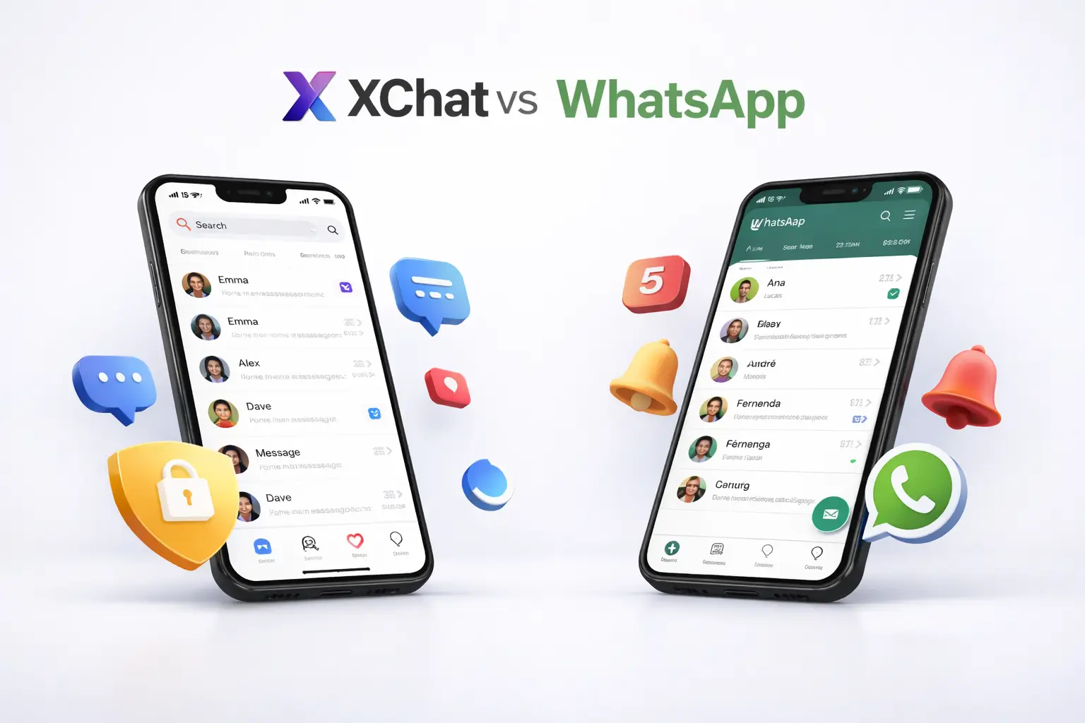 Comparison between XChat App and WhatsApp interfaces on smartphones showing messaging features