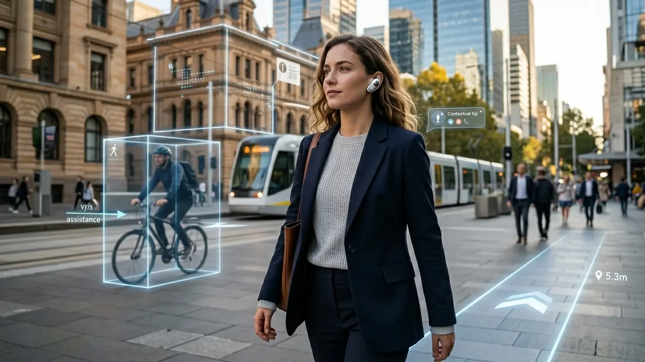 woman using Apple AI AirPods with contextual visual assistance while walking in a city