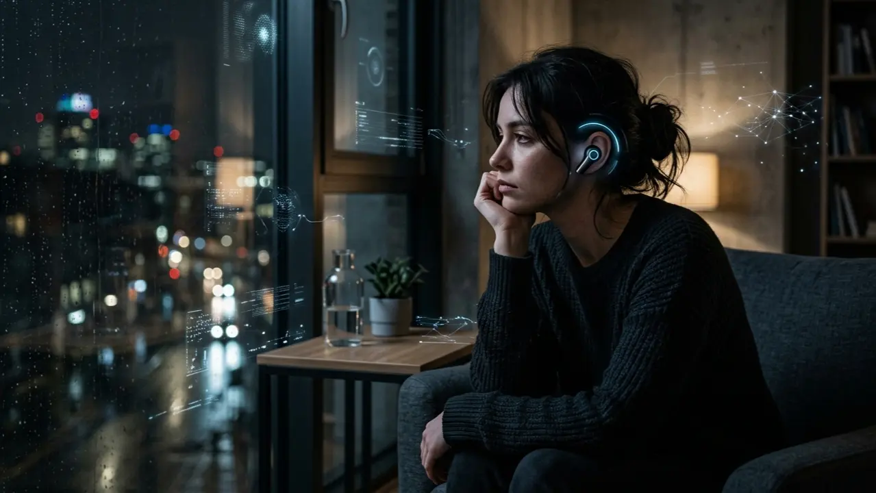 person wearing AI-powered AirPods while reflecting at night in a modern apartment