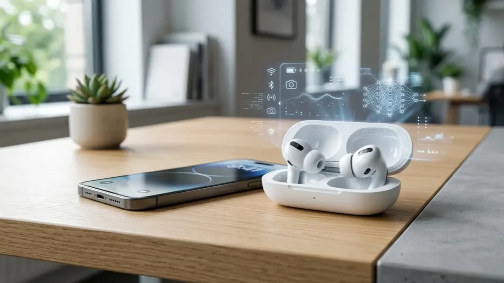 Apple-style AI AirPods beside an iPhone on a minimalist desk
