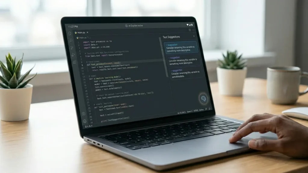 Apple Mac showing AI-powered coding and data analysis workflow on a modern laptop screen