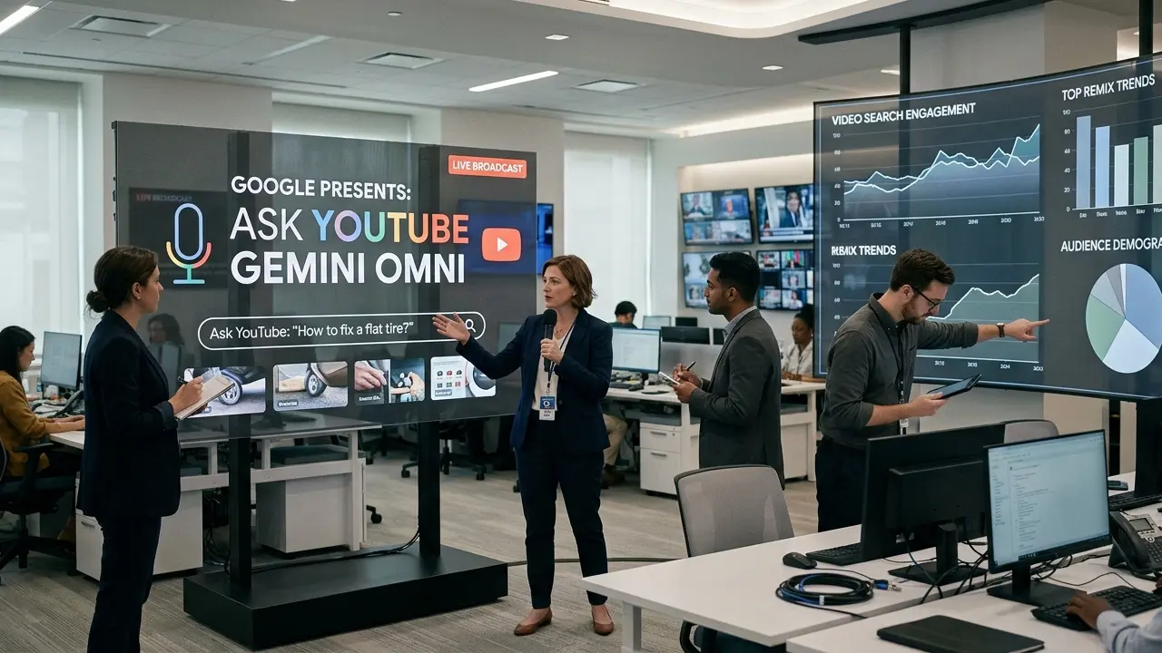 Journalists analyzing Ask YouTube Gemini Omni AI search and video remixing interface on newsroom screens showing data and video trends