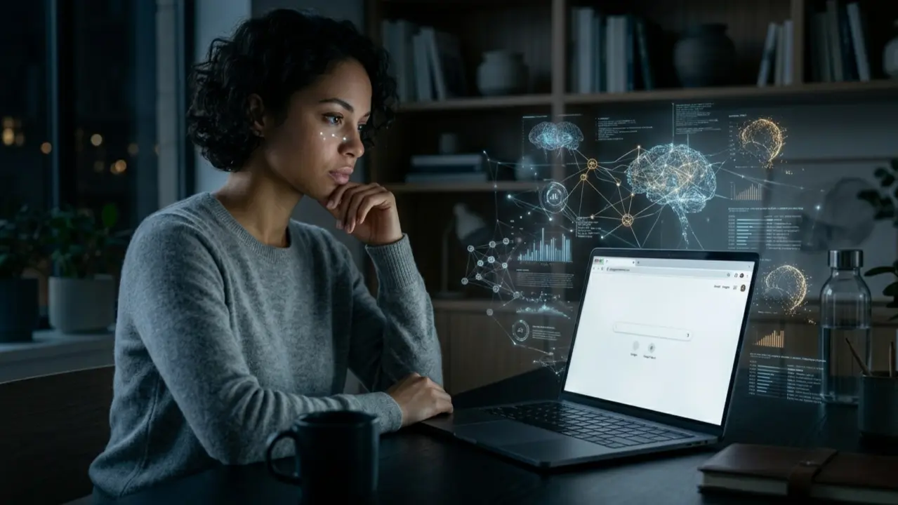 person reflecting on AI privacy and browser control while using a laptop at night