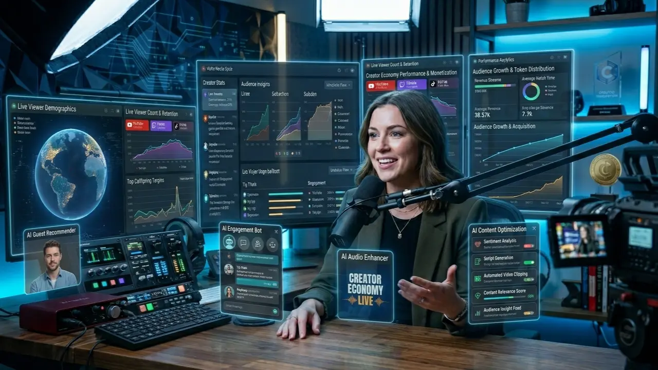 Futuristic creator economy studio showing AI-powered podcast tools, audience analytics, and video podcast distribution systems