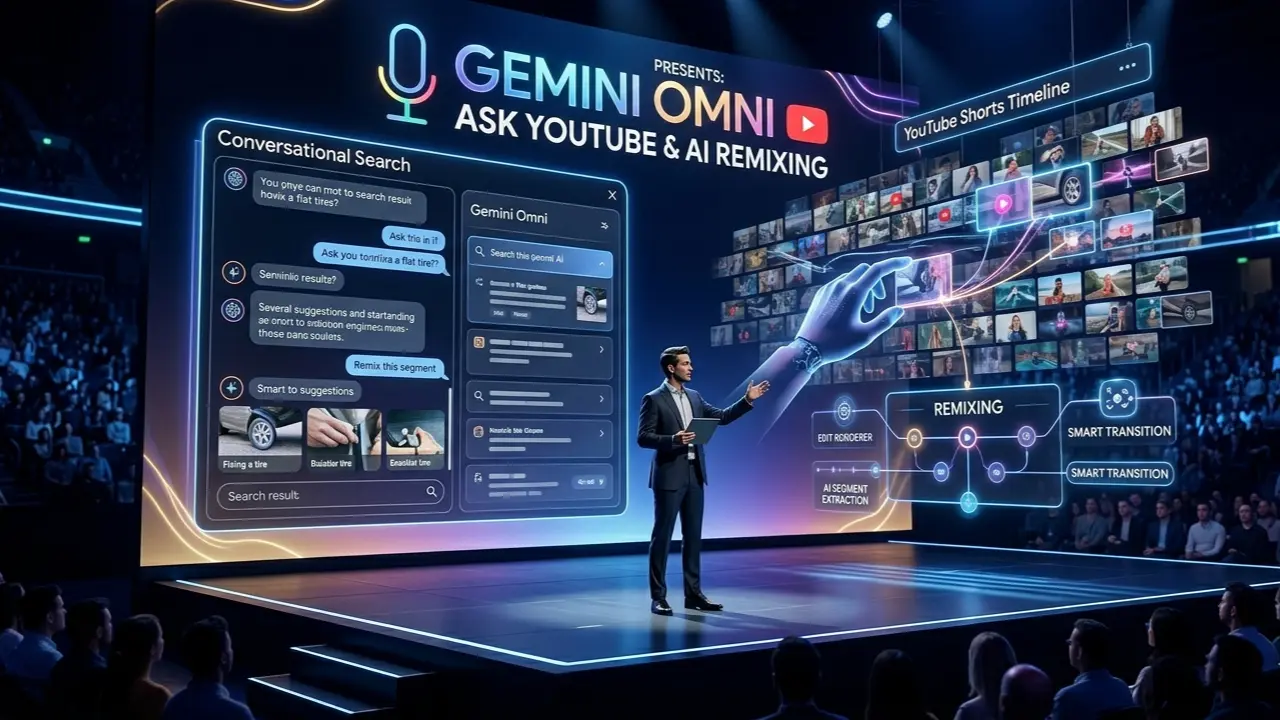 Google keynote presentation showing Ask YouTube Gemini Omni AI search with conversational interface and AI video remixing holographic display