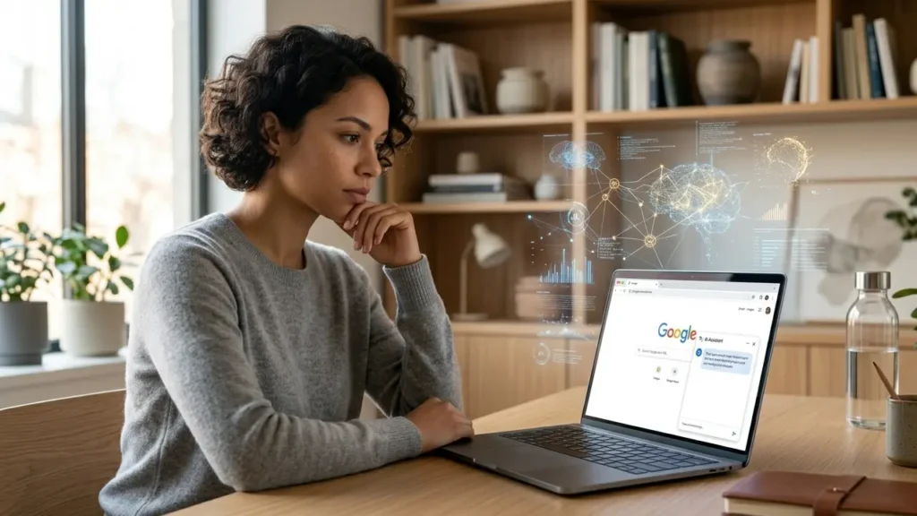woman using laptop while reflecting on Google Chrome AI privacy concerns