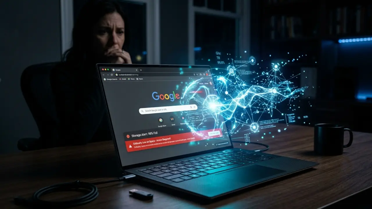 laptop showing AI activity and storage warning connected to Chrome AI download concerns