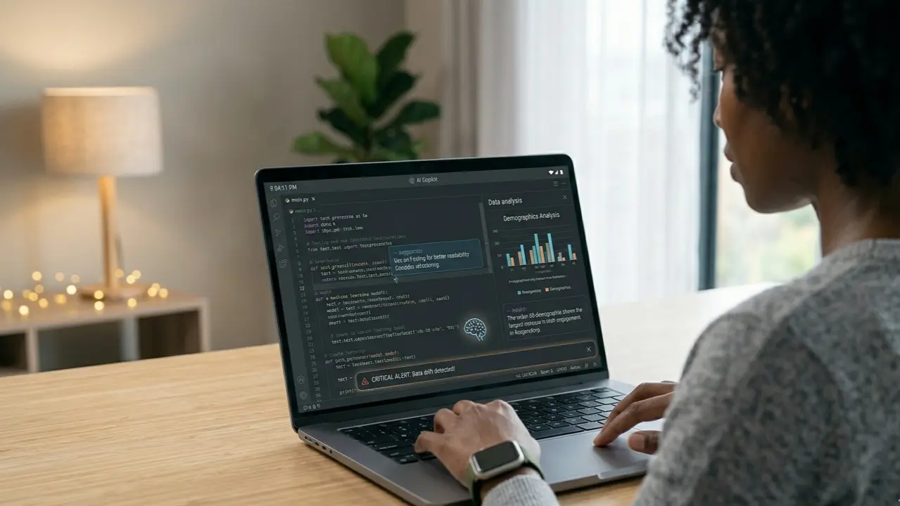Mac laptop displaying AI coding assistant suggestions on screen during development workflow
