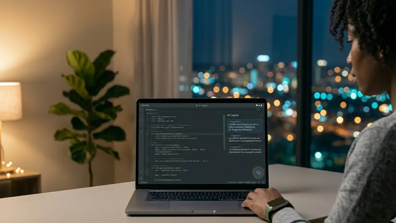 Person using Mac laptop with AI tools at night in a modern workspace with city lights background