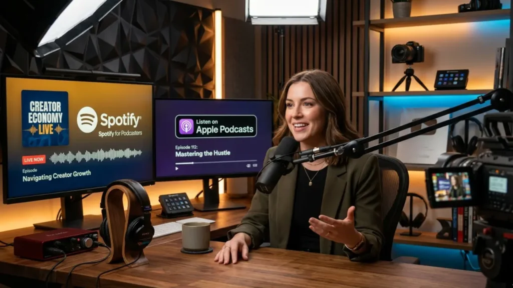 Spotify Apple Video Podcast Shift Could Reshape the Creator Economy Professional podcast creator recording a video podcast using Spotify and Apple podcast platforms inside a modern creator studio