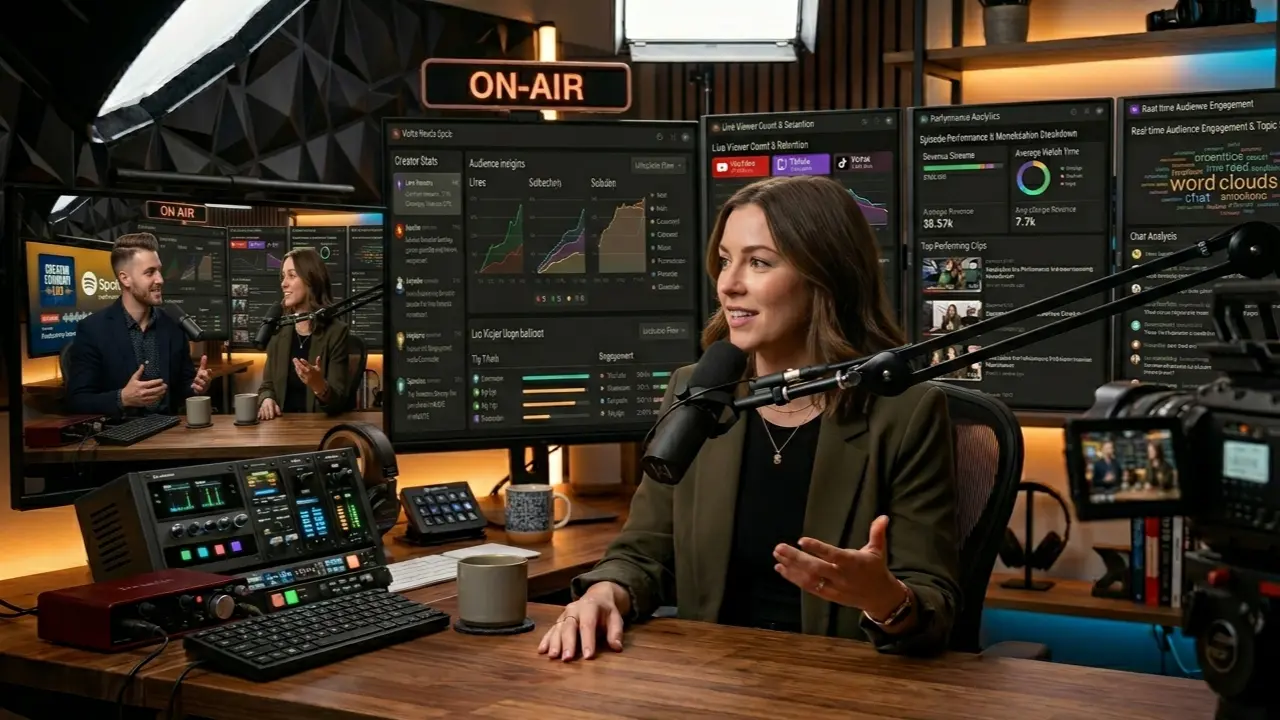 Video podcast creator analyzing audience growth and creator economy analytics inside a professional streaming studio