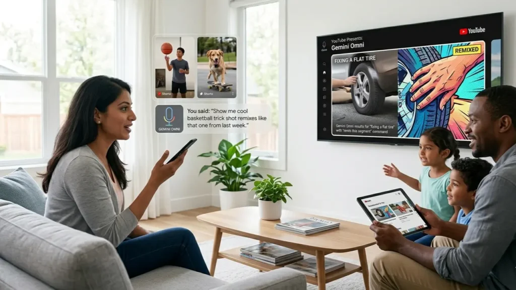 Ask YouTube Gemini Omni: Google Unveils Conversational Search and AI Video Remixing Users interacting with Ask YouTube Gemini Omni AI search on smartphone and smart TV with personalized video remixing and recommendations